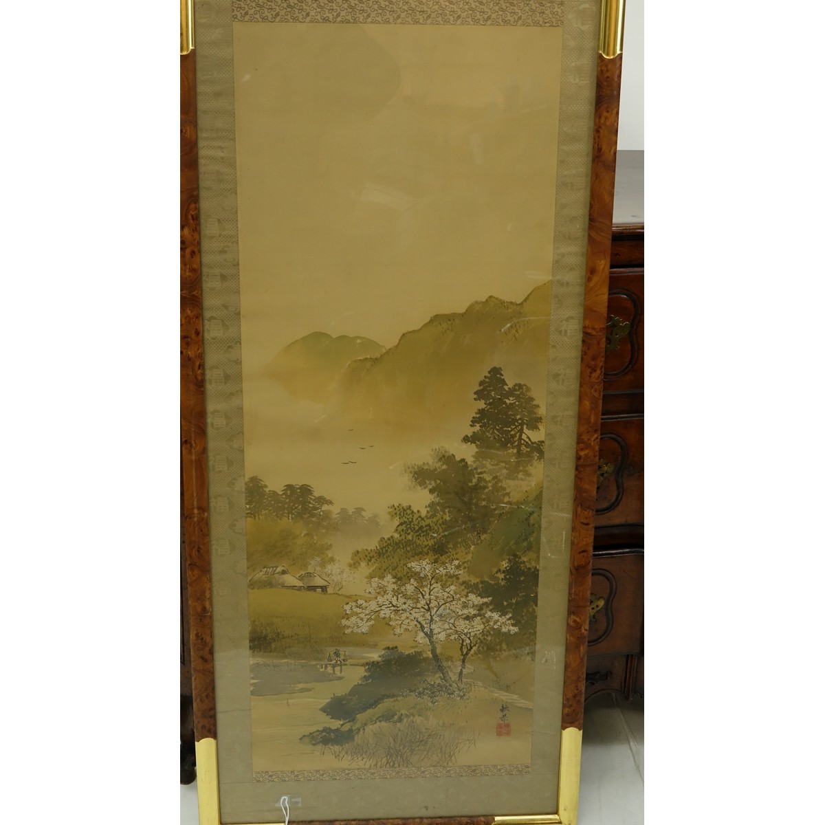 Early to mid 20th Century Japanese Watercolor on Paper Scroll Painting, Mountain Landscape with Cherry Blossoms. Signed, stamped lower right.