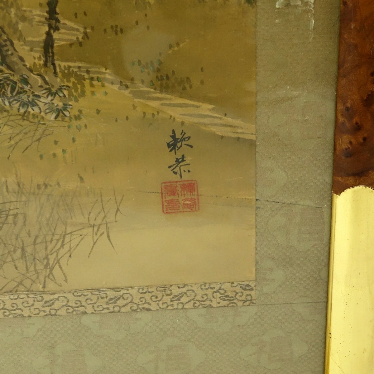 Early to mid 20th Century Japanese Watercolor on Paper Scroll Painting, Mountain Landscape with Cherry Blossoms. Signed, stamped lower right.