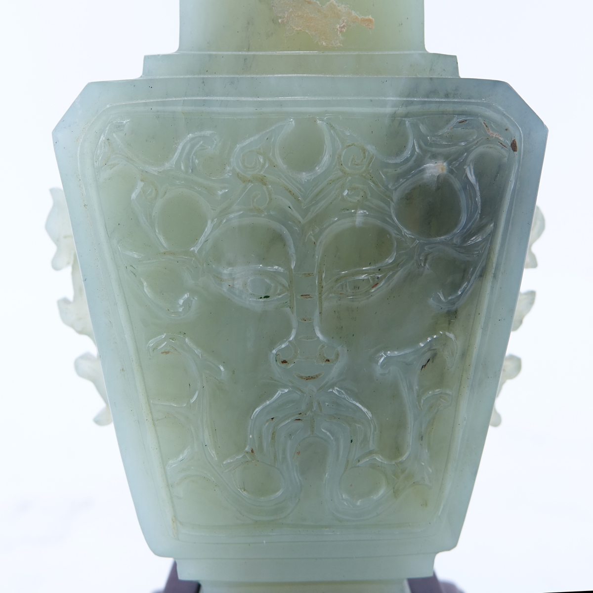 Chinese Carved Serpentine Jade Covered Vase on Wooden Base. A few small nicks to surface.