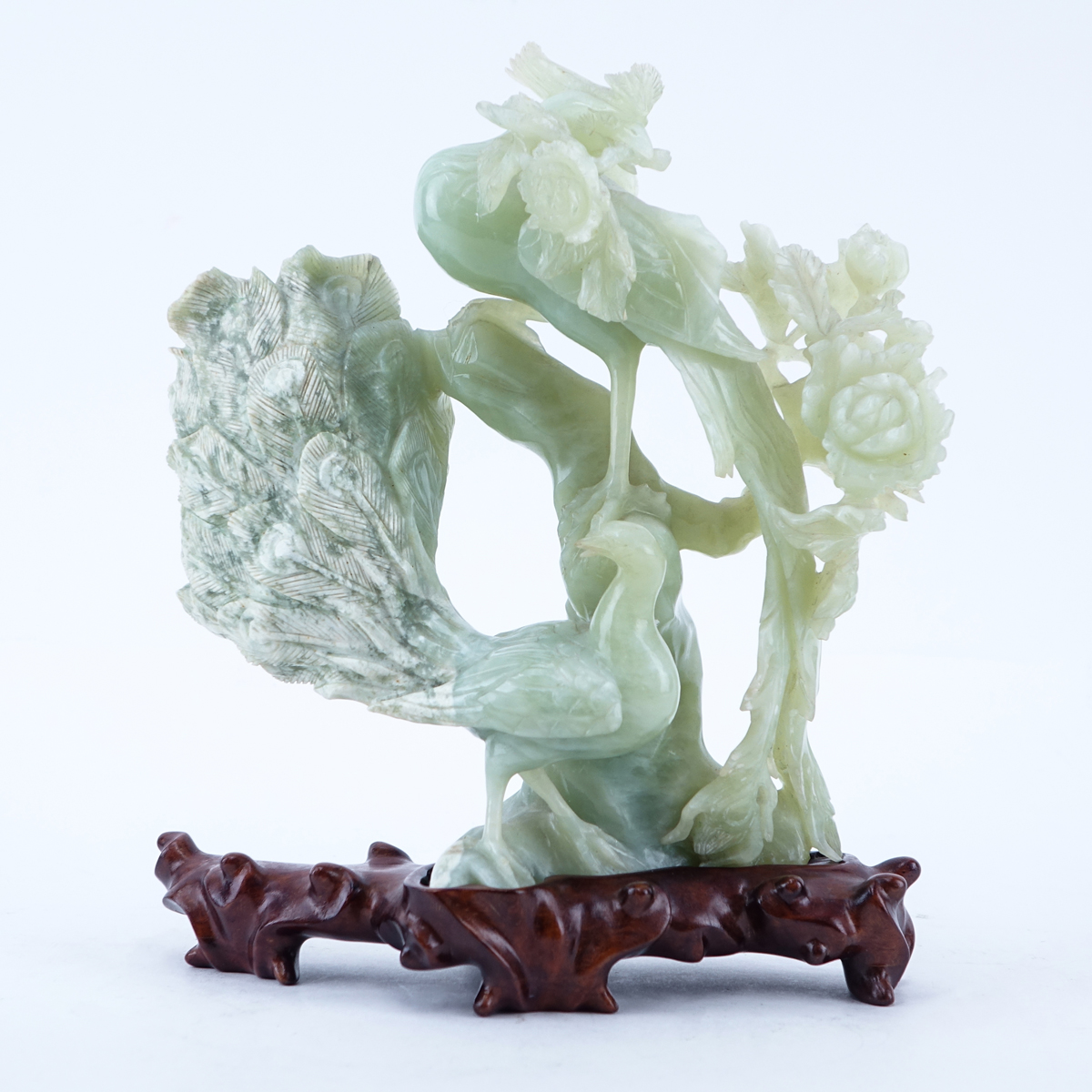 Chinese Carved Serpentine Jade Bird Group on Wooden Stand. Good condition.