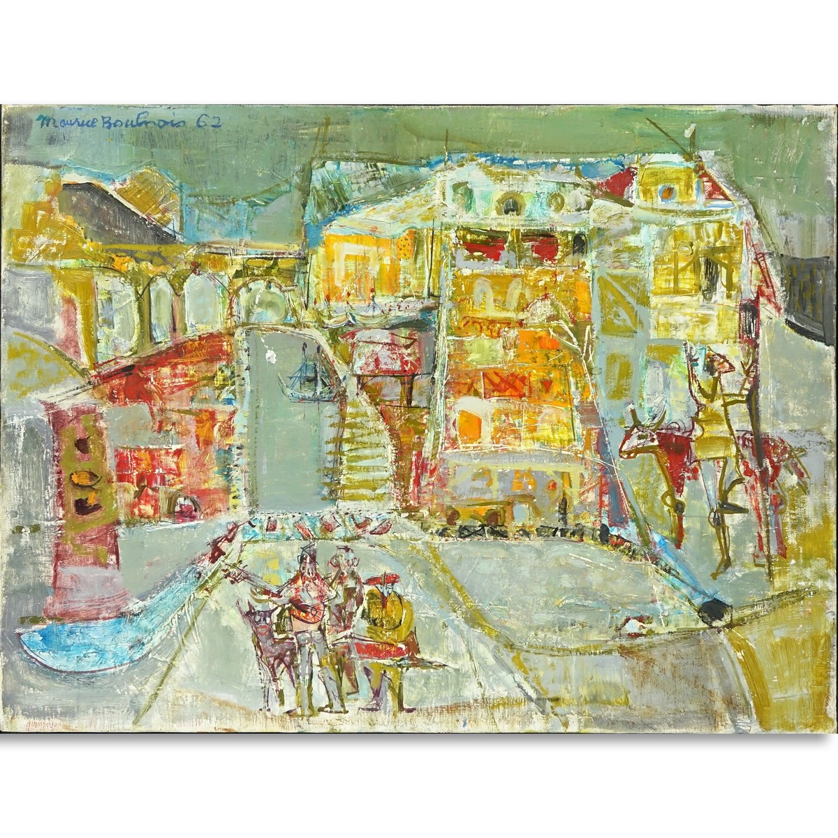 Maurice Boulnois, France (1918-2011) Oil on Canvas, Abstract Street Scene, Signed and Dated 1962 Top Left. Inscribed on stretcher.