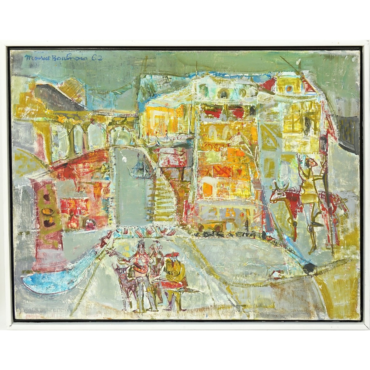 Maurice Boulnois, France (1918-2011) Oil on Canvas, Abstract Street Scene, Signed and Dated 1962 Top Left. Inscribed on stretcher.