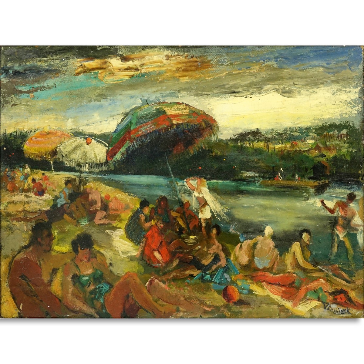 20th Century Oil on Canvas "Beachgoers" Bears signature lower right Vlaminck. Small losses, craquelure.