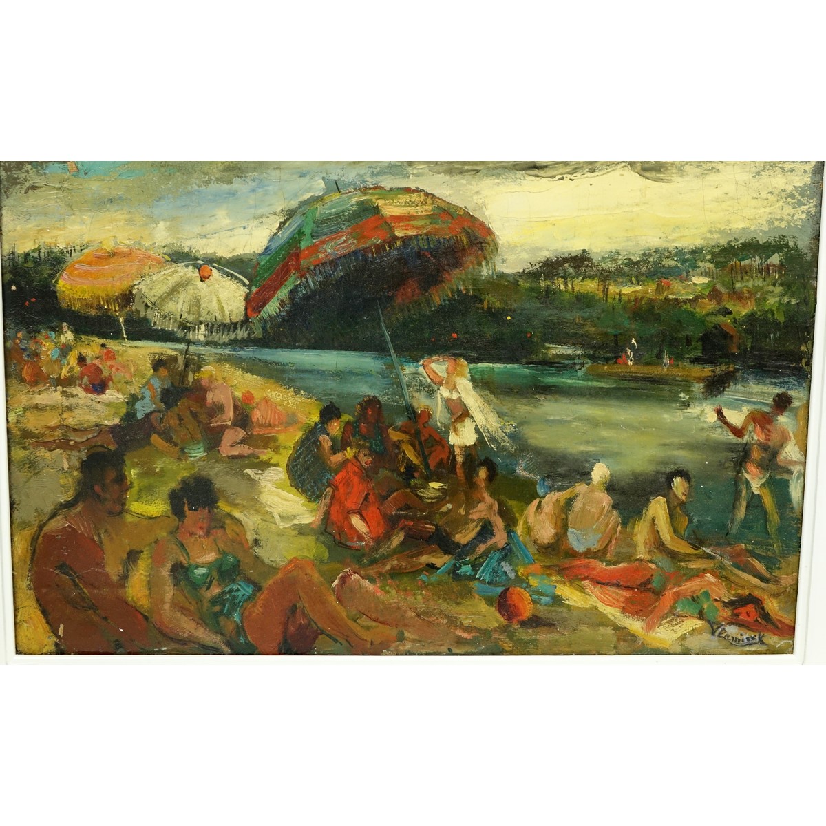 20th Century Oil on Canvas "Beachgoers" Bears signature lower right Vlaminck. Small losses, craquelure.