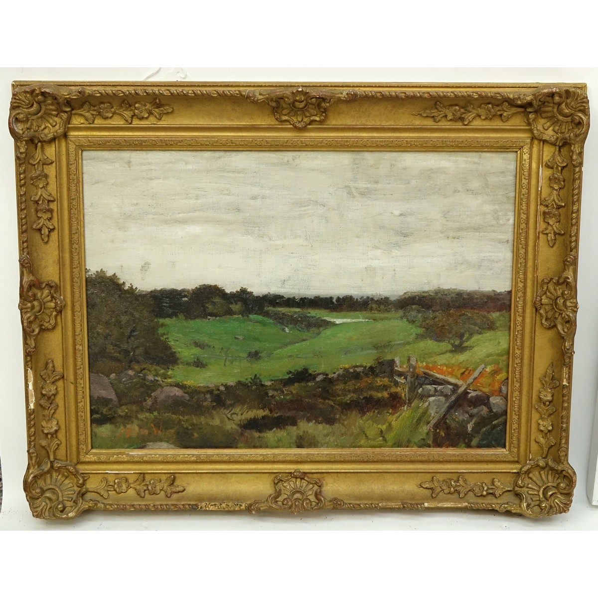 Antique Oil on Canvas, Pastoral Scene, Signed Lower J Alden Wear. Craquelure.