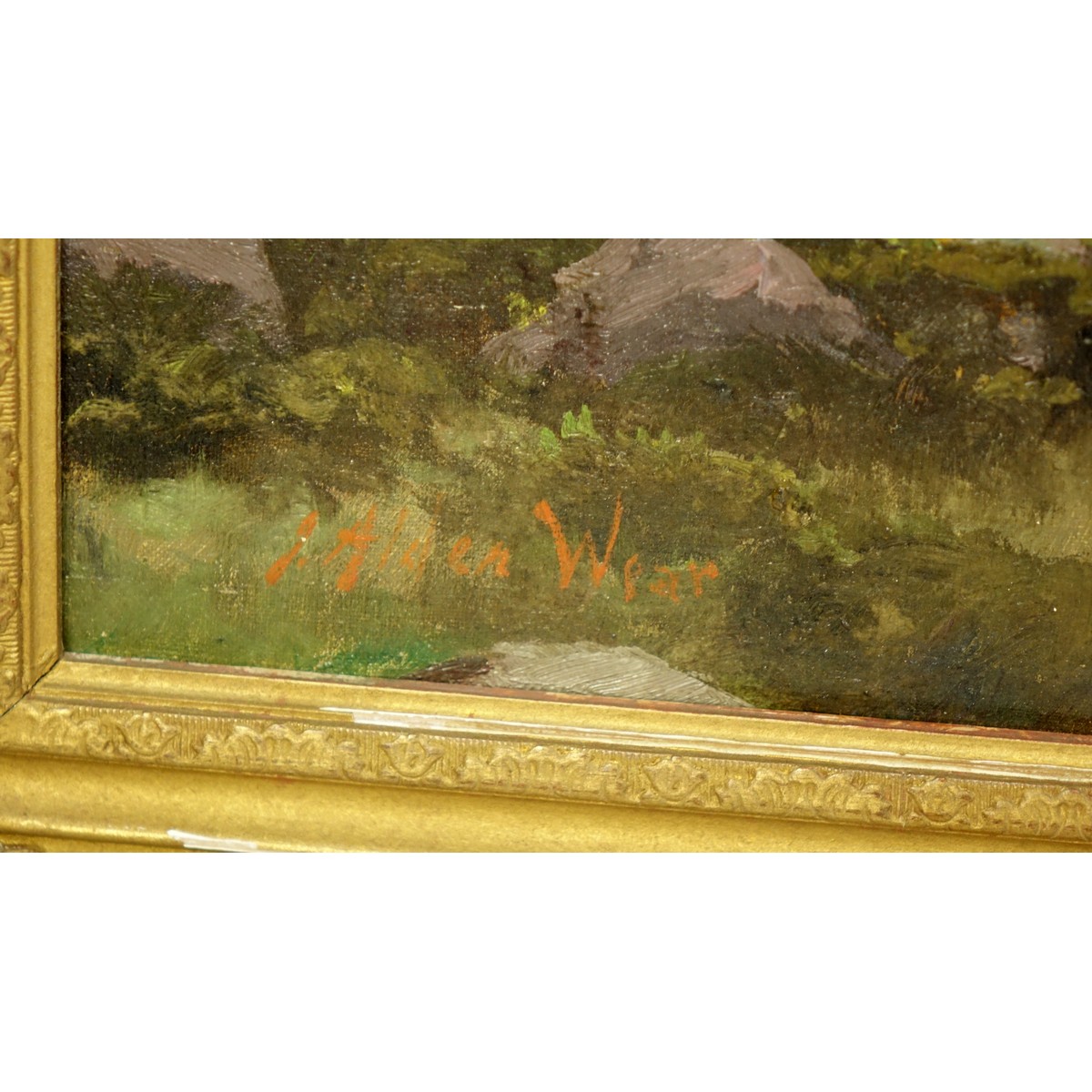 Antique Oil on Canvas, Pastoral Scene, Signed Lower J Alden Wear. Craquelure.