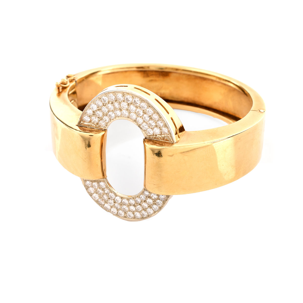 Vintage Italian Seventy (70) Pave Set Round Brilliant Cut Diamond and 18 Karat Yellow Gold Hinged Bangle Bracelet. Stamped 750, Italian hallmark 212AL.