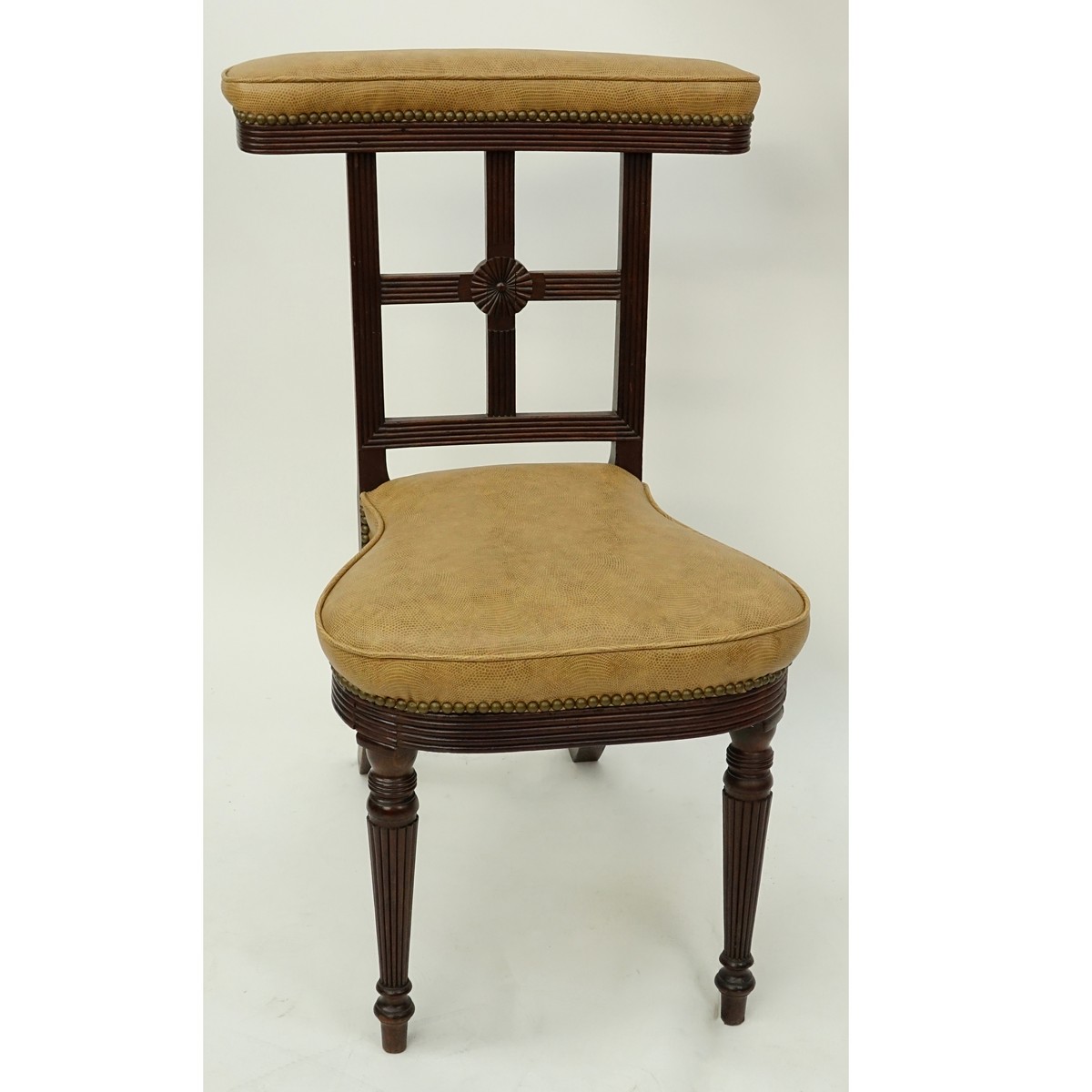 Victorian Style Carved Wood and Upholstered Prayer Chair. Scuffs and scratches to legs.