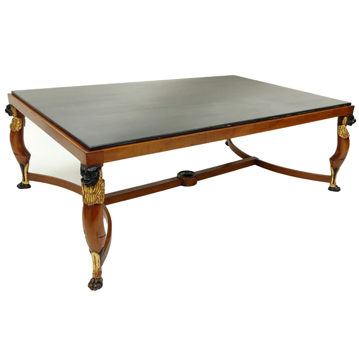 Mid Century Empire Style, Parcel Gilt, Egyptian Revival Carved Wood Marble Top Coffee Table. Typical scuffs to gilt and paint, light scratches, possible restoration to marble.