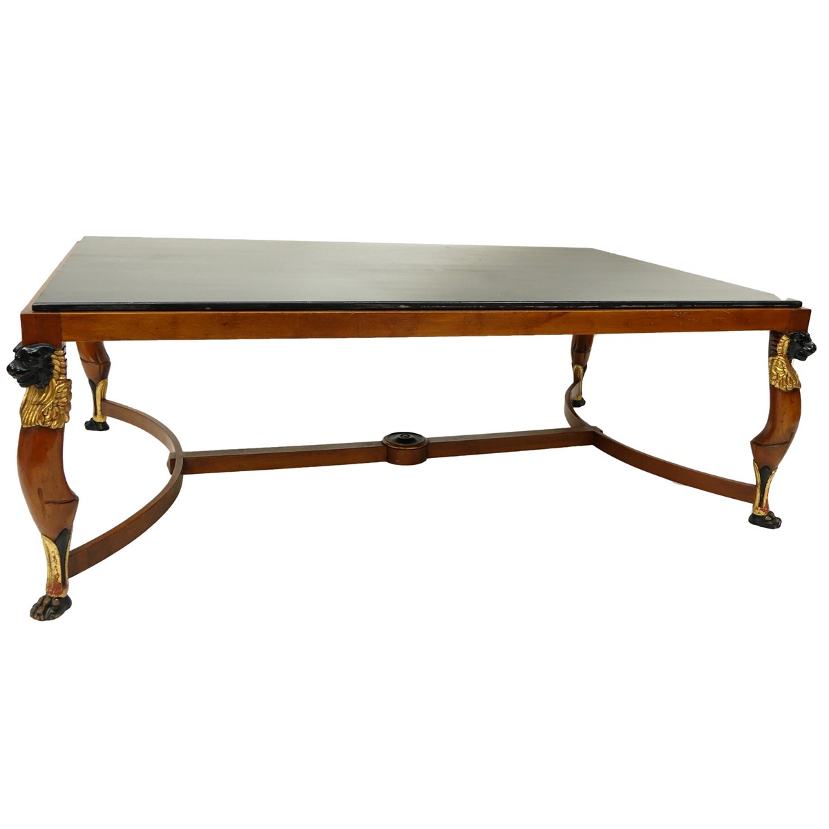 Mid Century Empire Style, Parcel Gilt, Egyptian Revival Carved Wood Marble Top Coffee Table. Typical scuffs to gilt and paint, light scratches, possible restoration to marble.