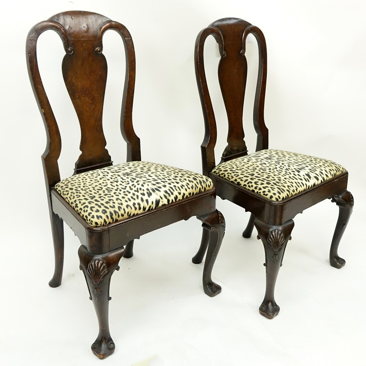 Pair of Queen Anne Upholstered Side Chairs. Scratches to frame and rubbing, small tear to upholstery on one chair.