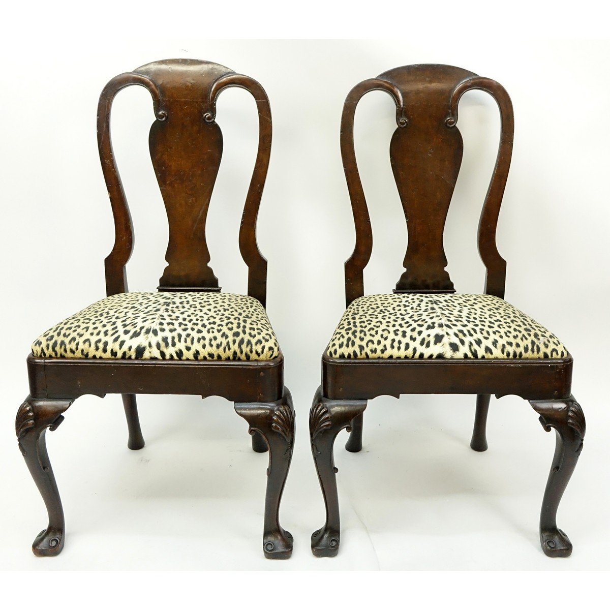 Pair of Queen Anne Upholstered Side Chairs. Scratches to frame and rubbing, small tear to upholstery on one chair.