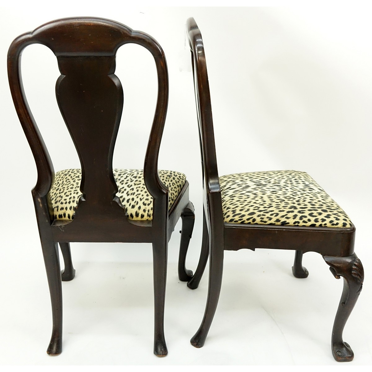 Pair of Queen Anne Upholstered Side Chairs. Scratches to frame and rubbing, small tear to upholstery on one chair.