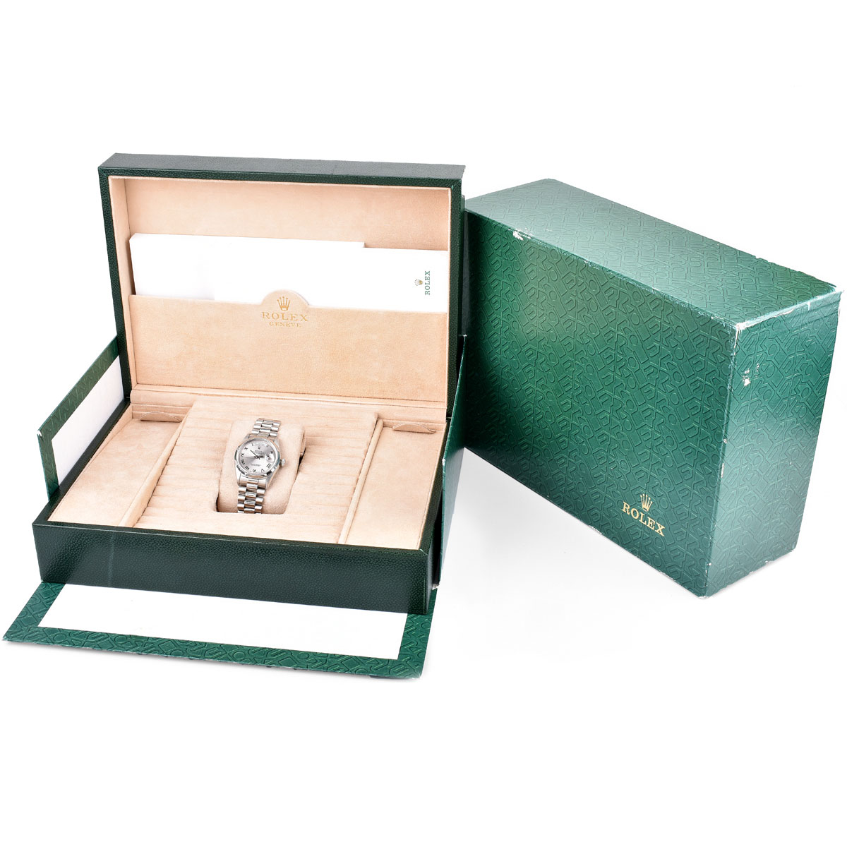 Man's Rolex Platinum President Day-Date Bracelet Watch 8385/6 Ref. 18206 with Box and Extra Bracelet Links.