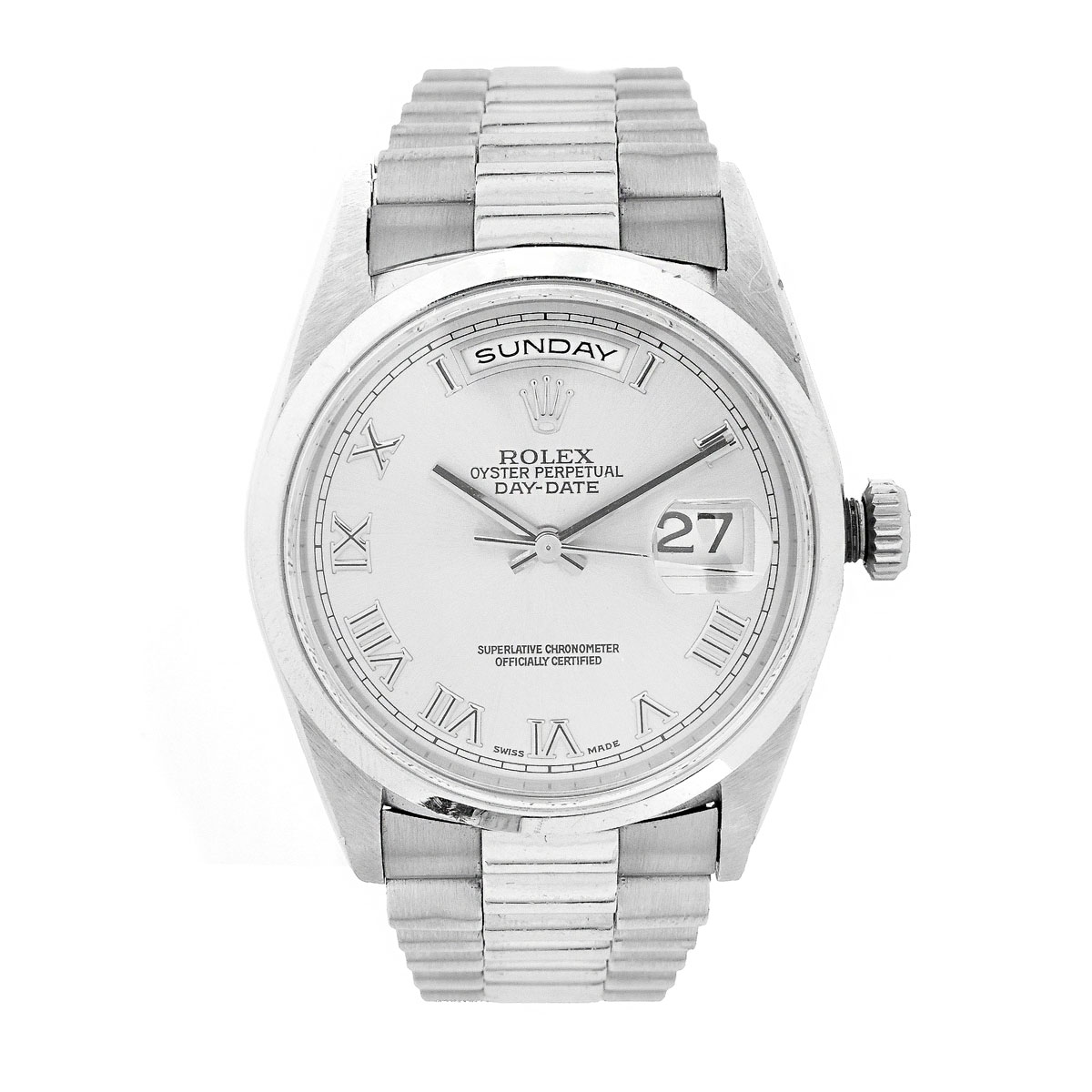 Man's Rolex Platinum President Day-Date Bracelet Watch 8385/6 Ref. 18206 with Box and Extra Bracelet Links.