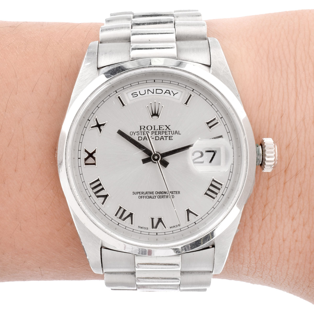 Man's Rolex Platinum President Day-Date Bracelet Watch 8385/6 Ref. 18206 with Box and Extra Bracelet Links.