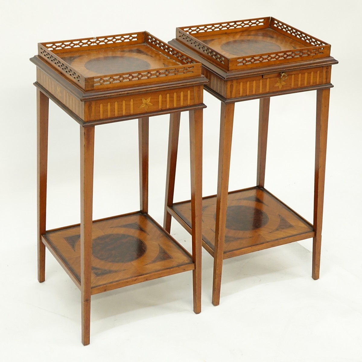 Pair of Edwardian Burled Inlaid Two Tiered Pedestal Tables with Gallery to Top. Sliding platform to top.