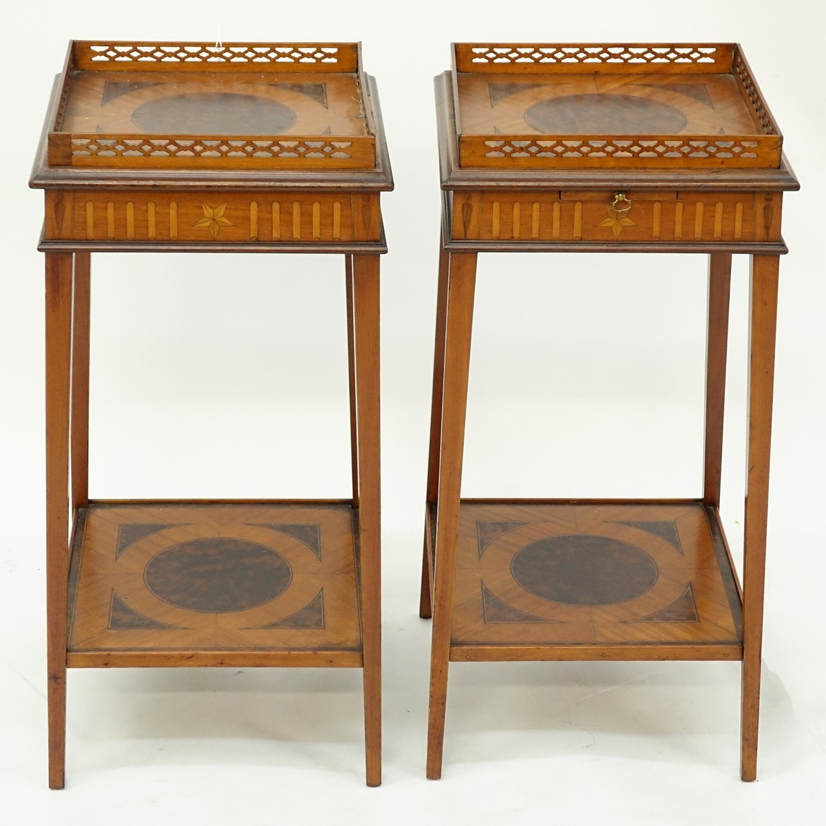Pair of Edwardian Burled Inlaid Two Tiered Pedestal Tables with Gallery to Top. Sliding platform to top.