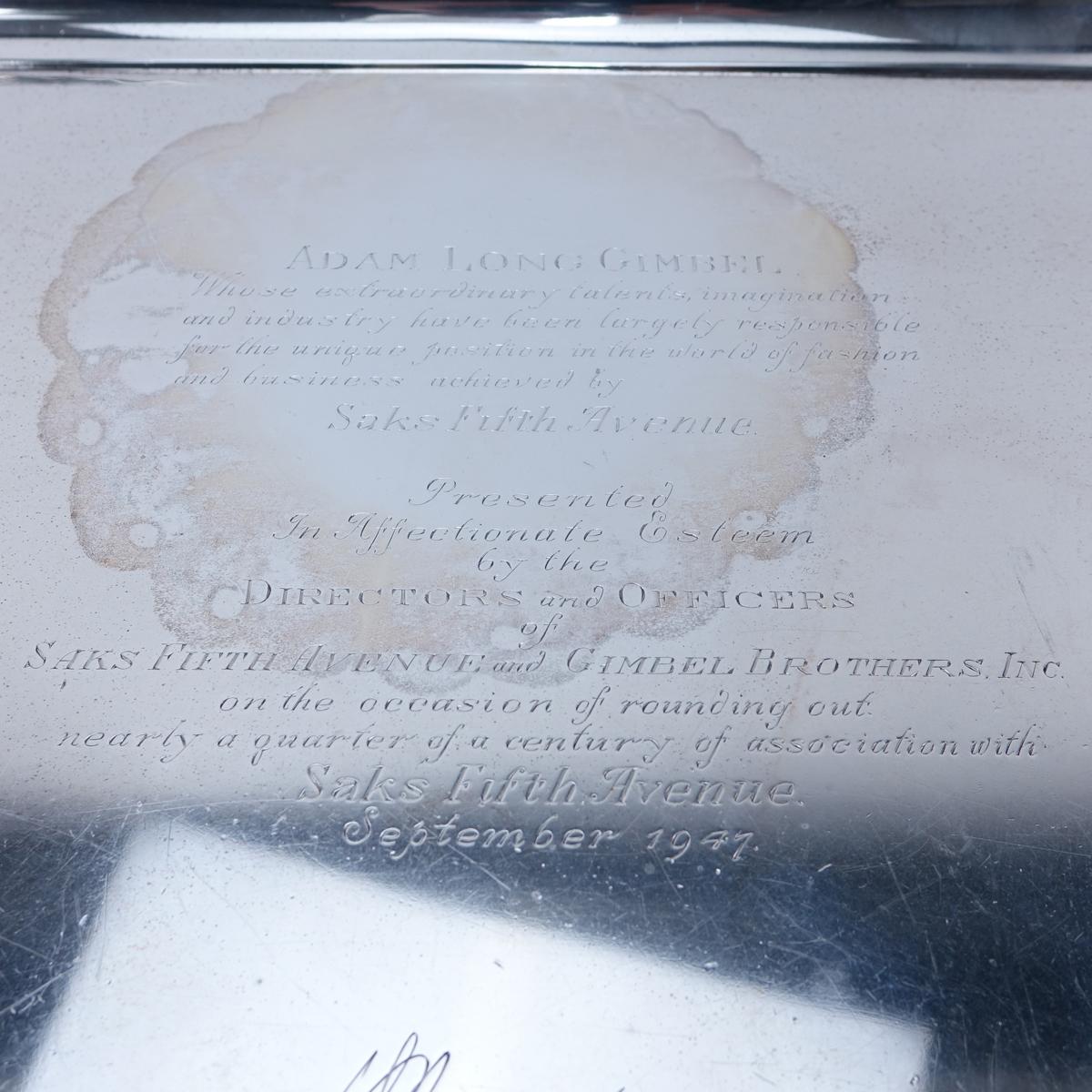 20th Century Ensko New York Sterling Silver Tray. Engraved with inscription.