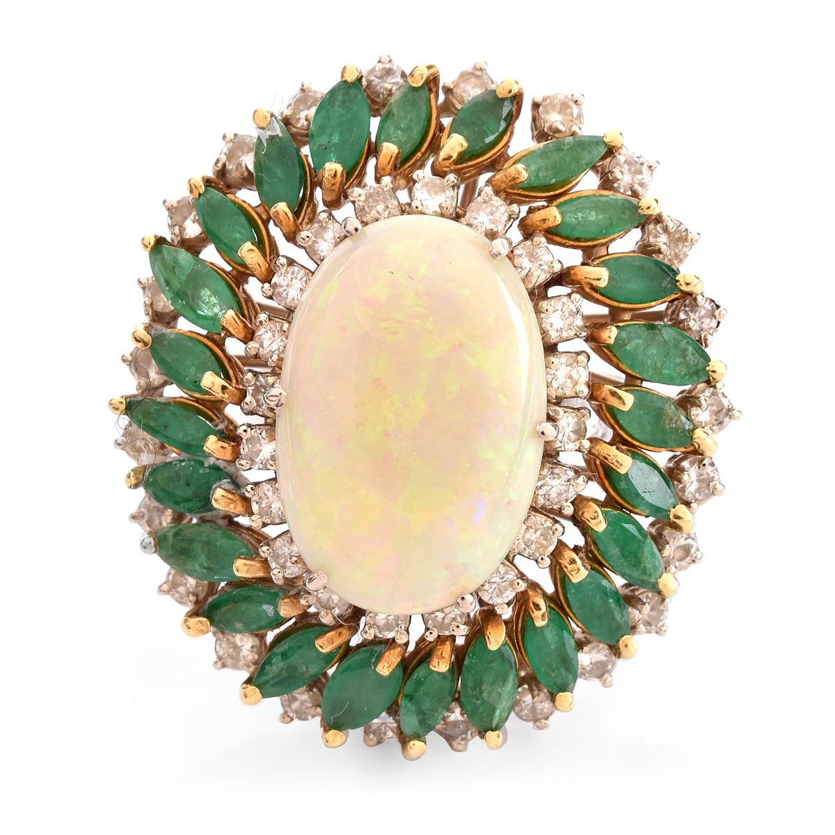 Vintage Oval Cabochon Opal, Marquise Cut Emerald, Round Brilliant Cut Diamond and 14 Karat White and Yellow Gold Ring / Pendant. Opal measures 18mm x 12mm, good play of multi color.