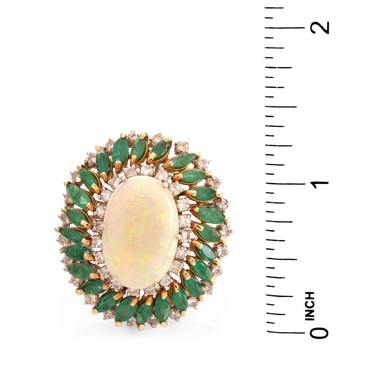 Vintage Oval Cabochon Opal, Marquise Cut Emerald, Round Brilliant Cut Diamond and 14 Karat White and Yellow Gold Ring / Pendant. Opal measures 18mm x 12mm, good play of multi color.