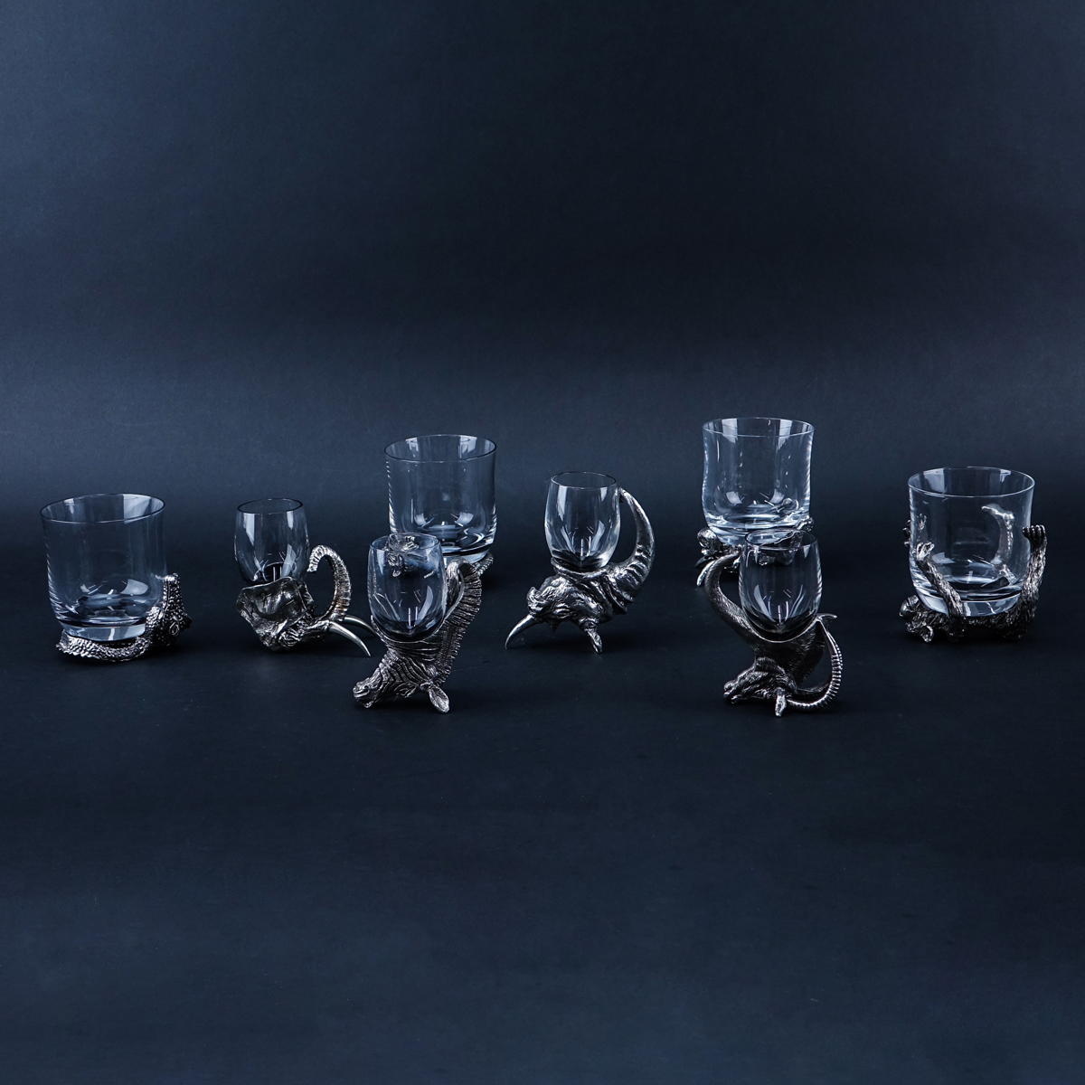 Frankli Wild Royal Selangor Pewter and Glass Barware. Eight (8) glasses with South African animal figural bases.