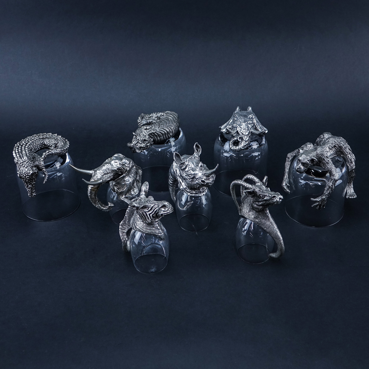 Frankli Wild Royal Selangor Pewter and Glass Barware. Eight (8) glasses with South African animal figural bases.