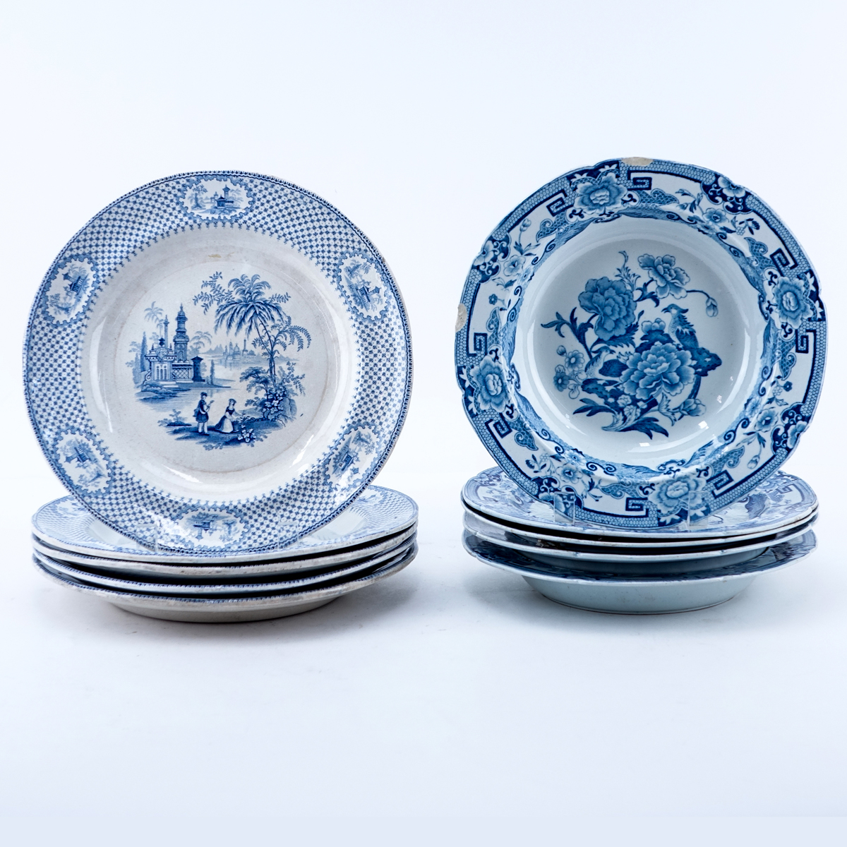 Collection of Ten (10) Antique Blue & White Pottery Dishes. Includes 5 Early Staffordshire Ironstone bowls, all with chips and or cracks 9-5/8" Dia.