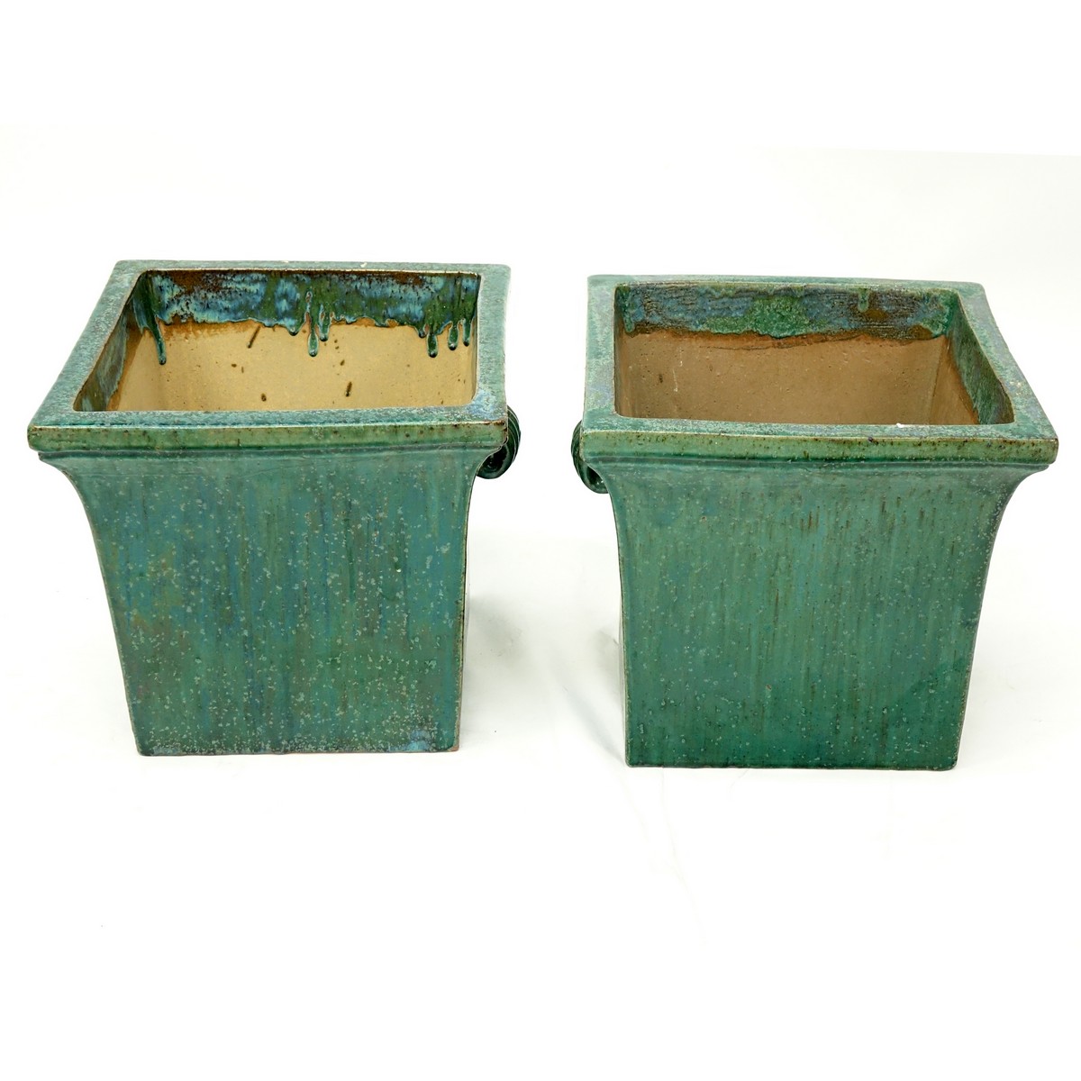 Pair of Large Chinese Style Green Glaze Pottery Jardinières with Mock Handles. Typical rubbing and spotting to glaze.