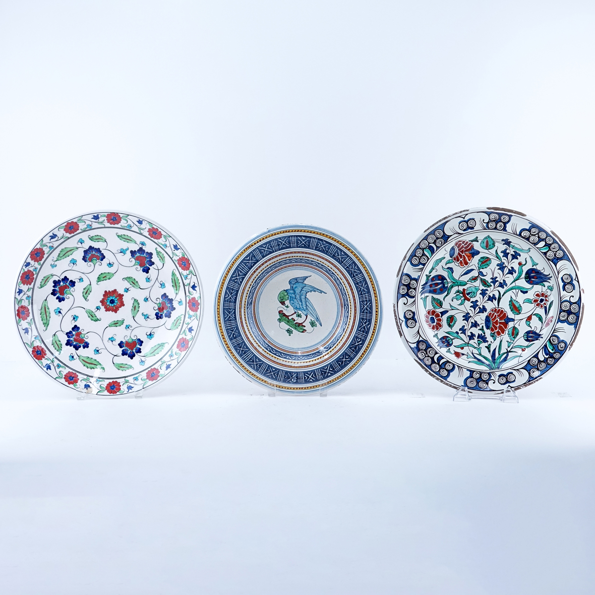 Grouping of Three (3) Vintage Faience Pottery Chargers. Two are signed, originating from Turkey and Italy.