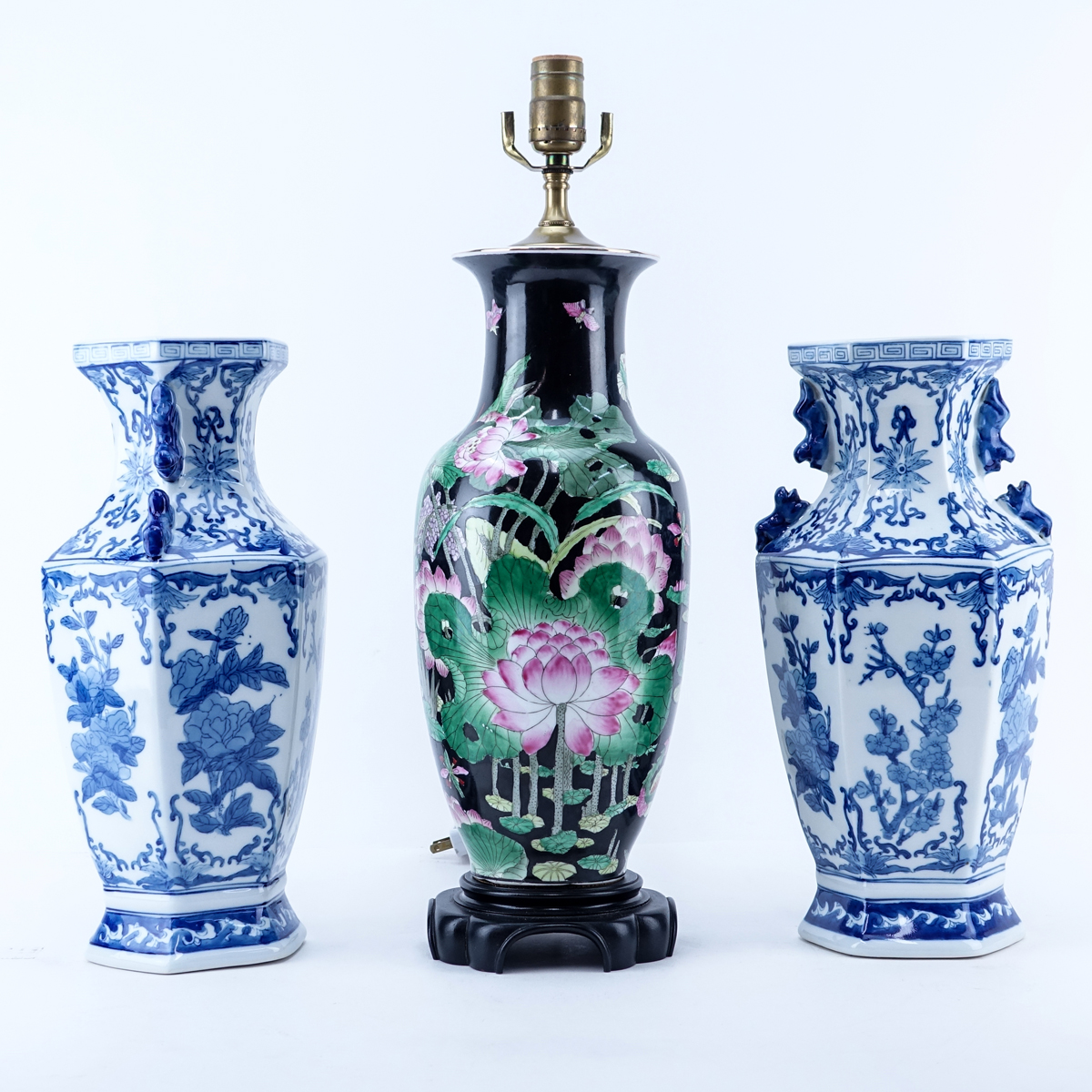 Grouping of Three (3): Pair of Chinese Blue and White Porcelain Vases, Chinese Porcelain Lamp. All in good condition.