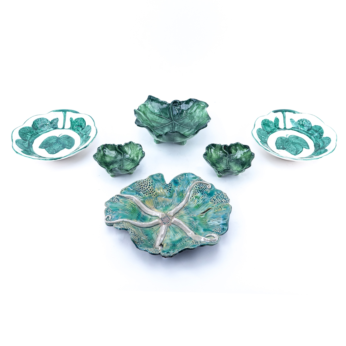 Six (6) Pieces Modern Majolica Style Pottery Bowls. Includes various leaf motifs.