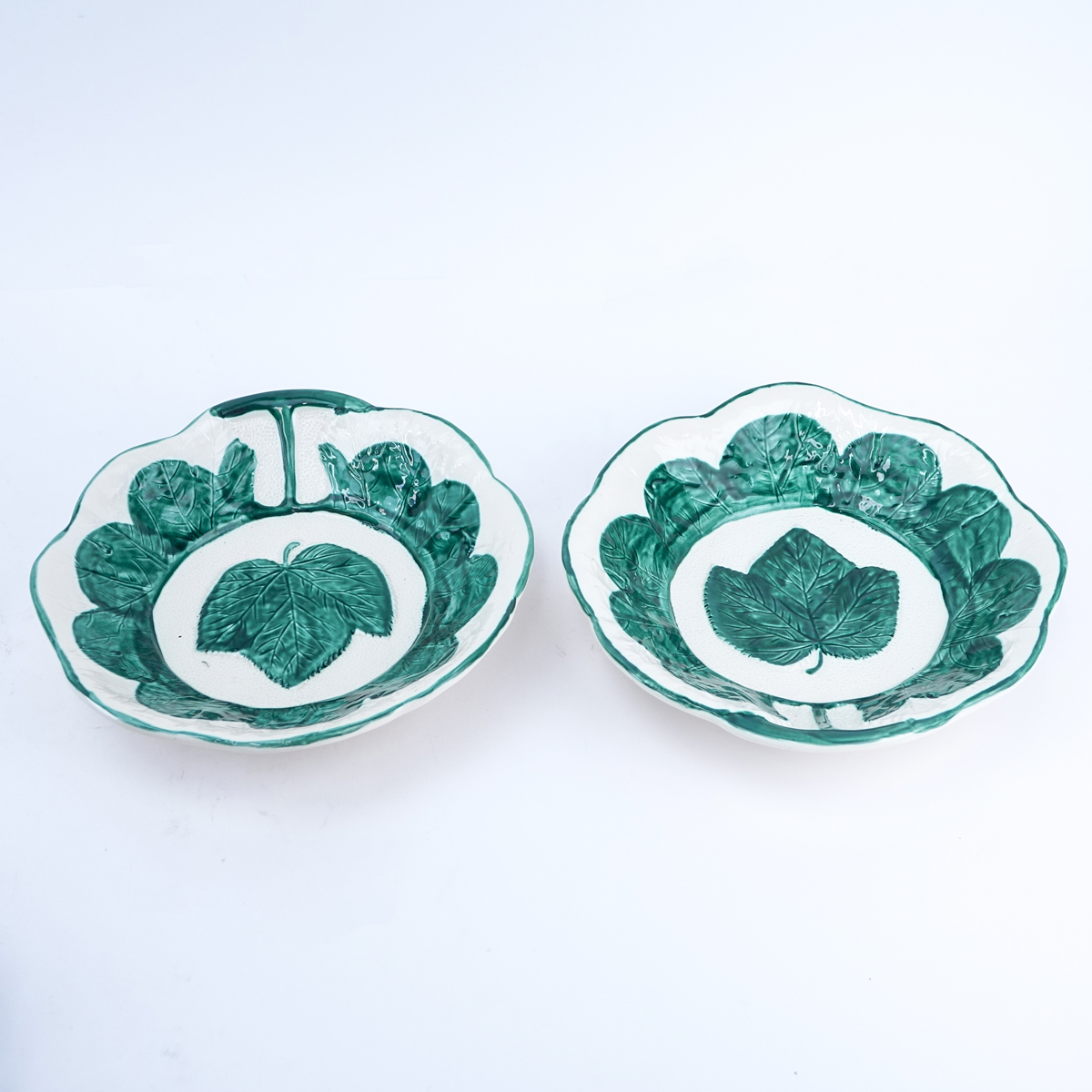 Six (6) Pieces Modern Majolica Style Pottery Bowls. Includes various leaf motifs.