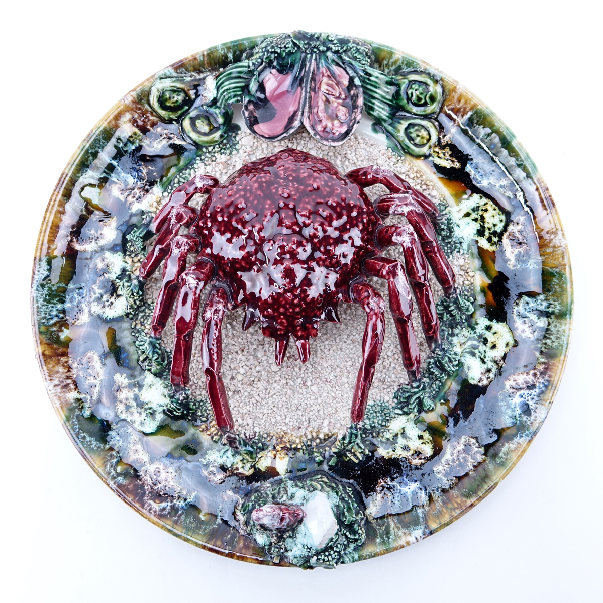 Palissy Style Majolica Pottery Plate with Crab and Mussels Raised Motif. Age appropriate wear overall good condition.
