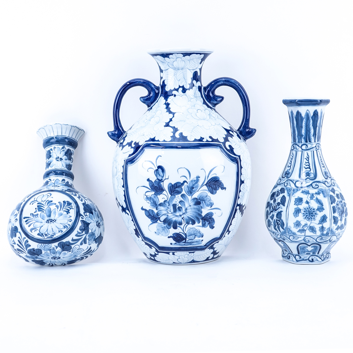 Three (3) Maitland-Smith Blue & White Urn Motif Ceramic Wall Pockets. Signed.