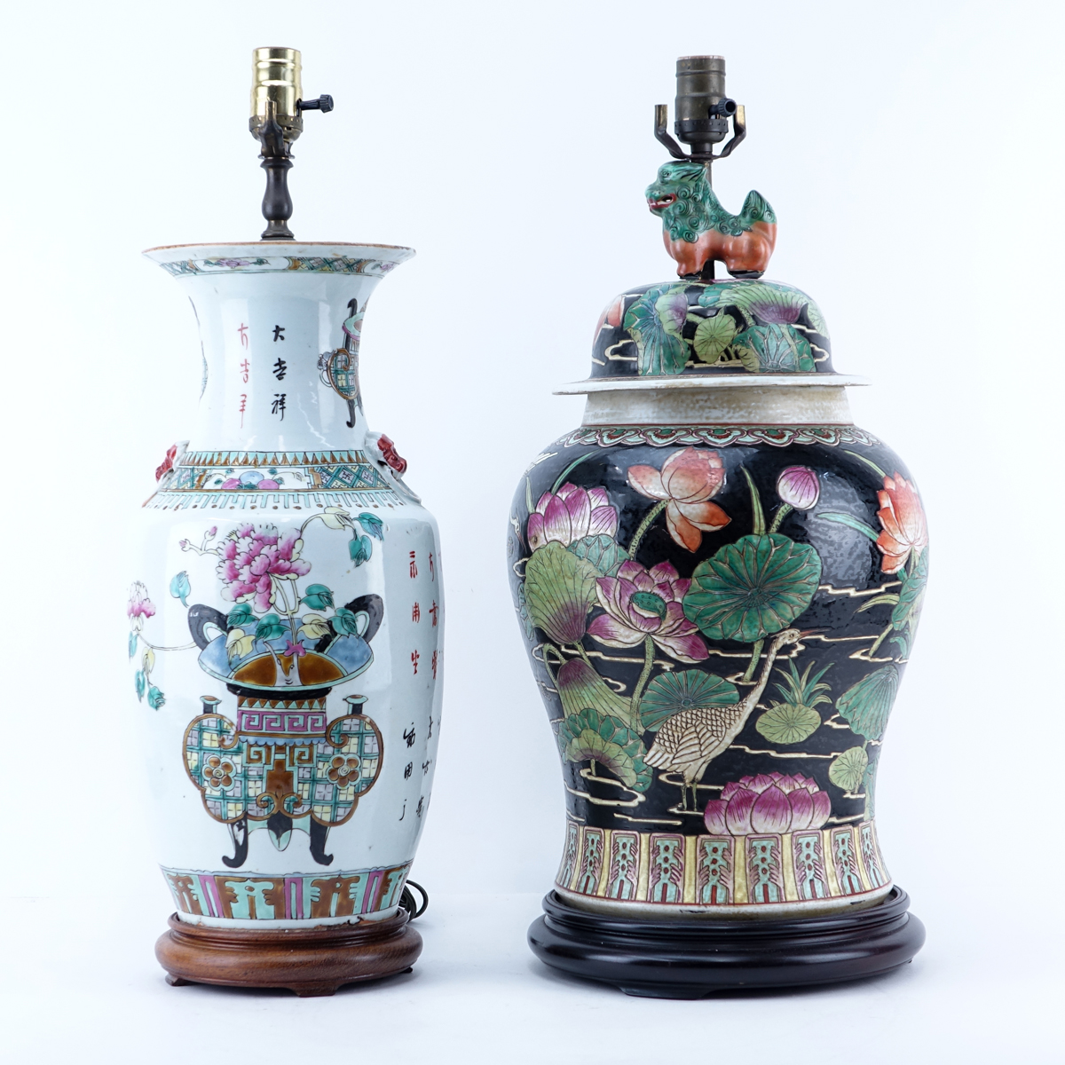 Grouping of Two (2): Chinese Famille Rose Vases Mounted as Lamps, Chinese Famille Noir Ginger Jar Mounted as Lamp. Both are in good condition.