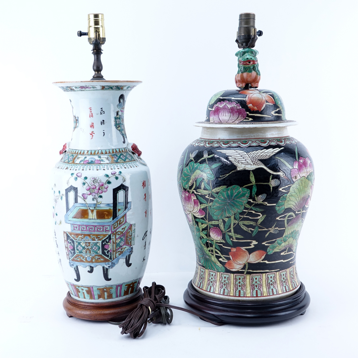 Grouping of Two (2): Chinese Famille Rose Vases Mounted as Lamps, Chinese Famille Noir Ginger Jar Mounted as Lamp. Both are in good condition.