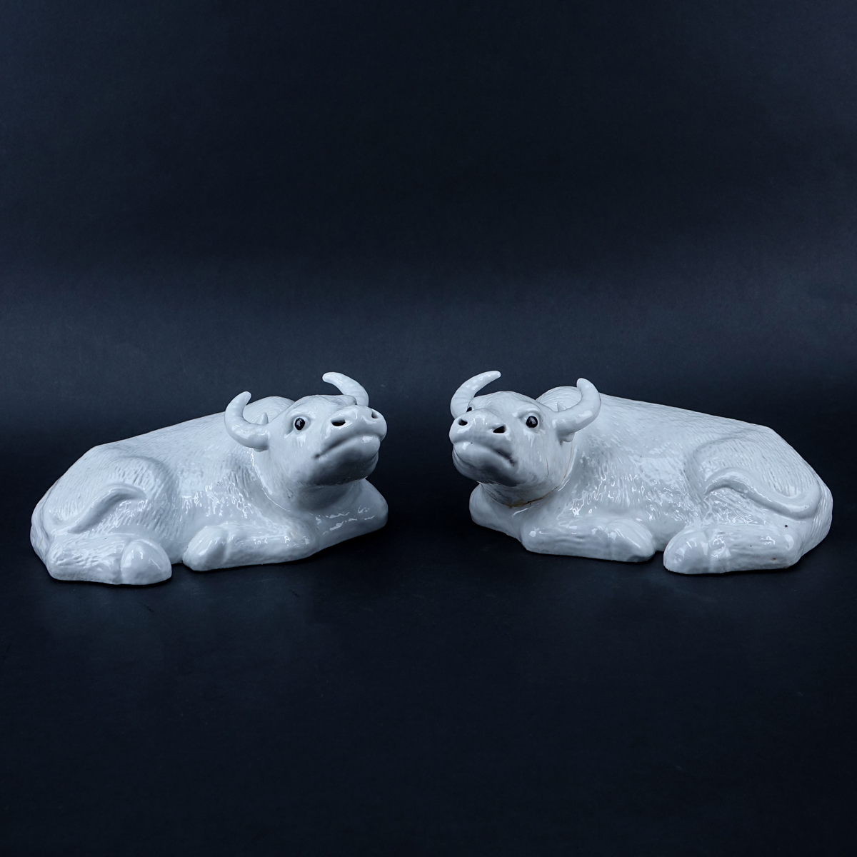 Pair of 19th Century Chinese Blanc de Chine Porcelain Ox Figures. Unsigned.