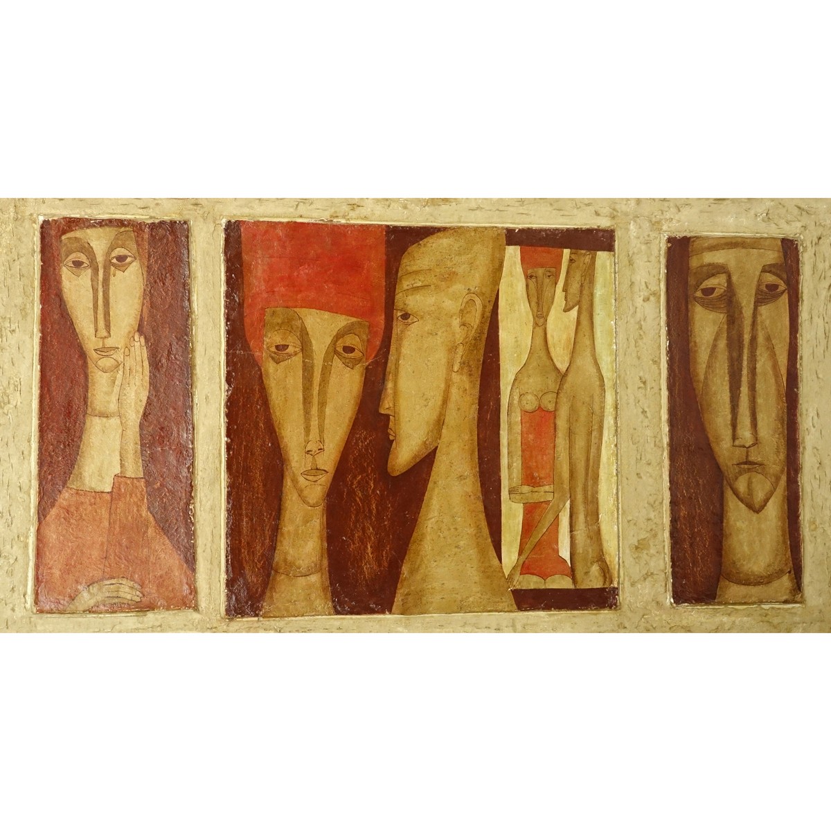 Adam Niemczyc, Polish  (born 1914) Mixed Media on Masonite "Tryptic Czerwona Narzecz, 1964" Signed en verso. Normal wear to board overall good condition.