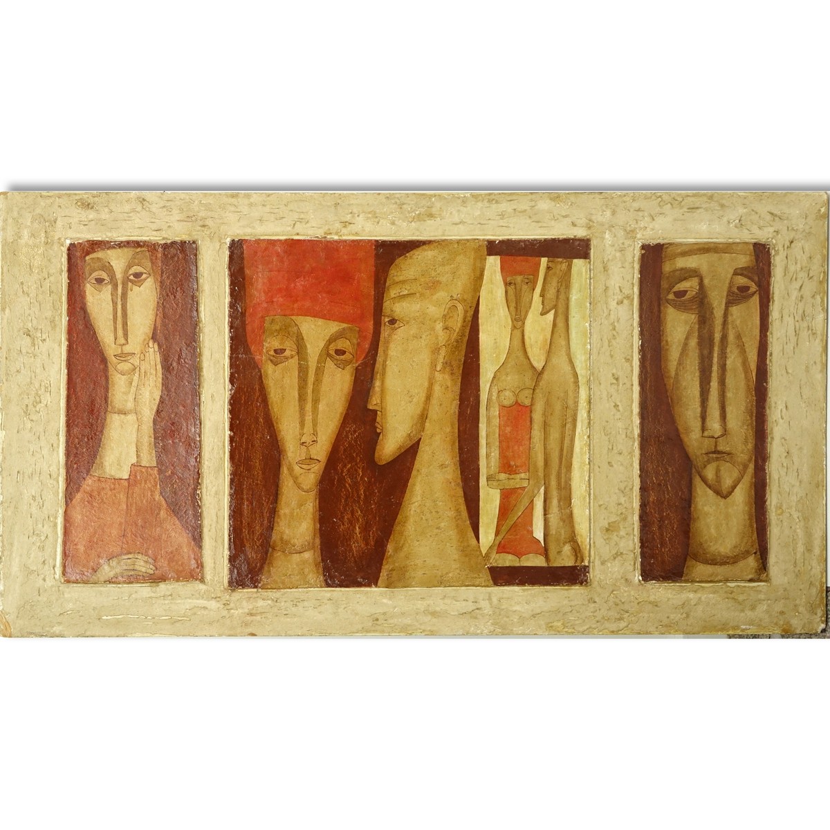 Adam Niemczyc, Polish  (born 1914) Mixed Media on Masonite "Tryptic Czerwona Narzecz, 1964" Signed en verso. Normal wear to board overall good condition.