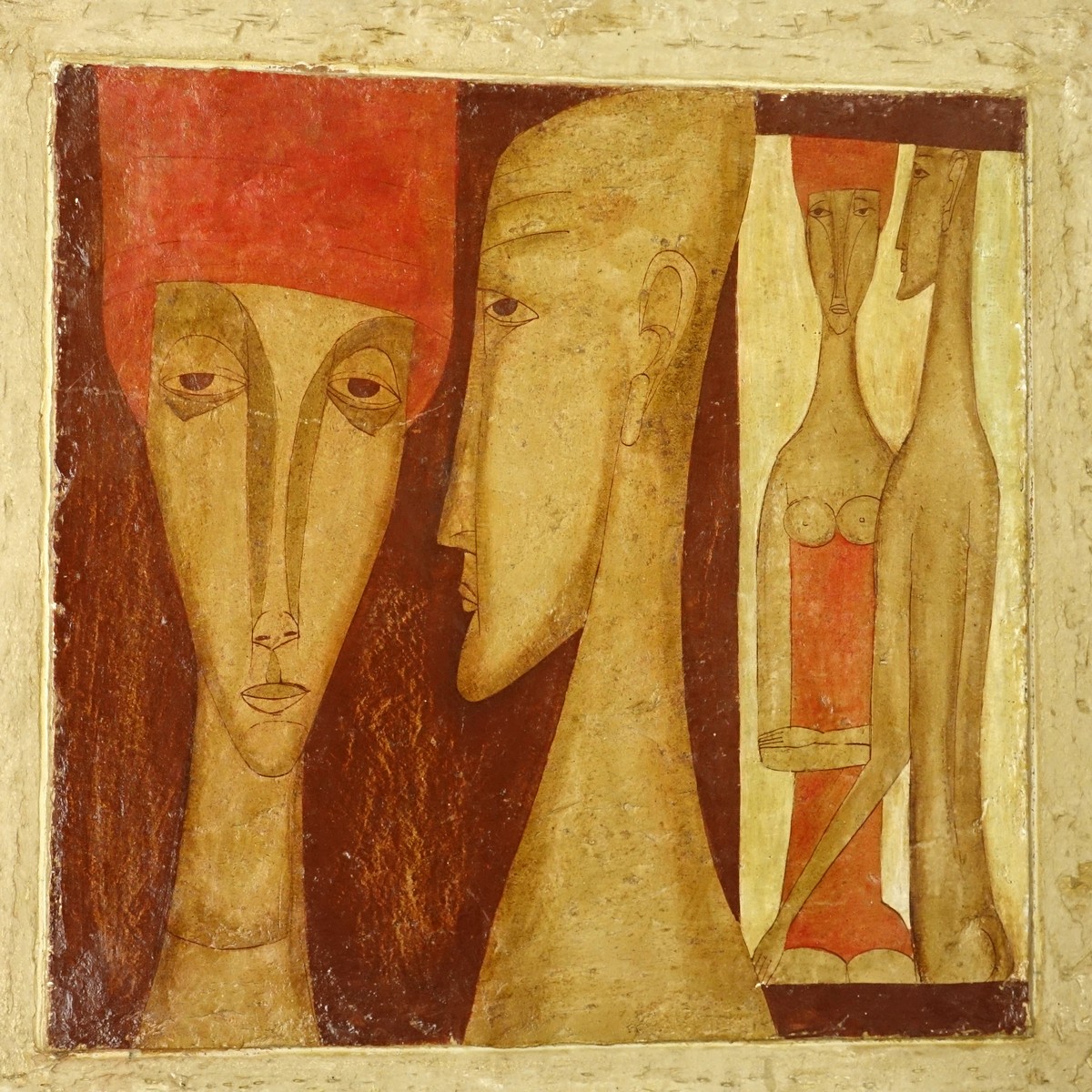 Adam Niemczyc, Polish  (born 1914) Mixed Media on Masonite "Tryptic Czerwona Narzecz, 1964" Signed en verso. Normal wear to board overall good condition.