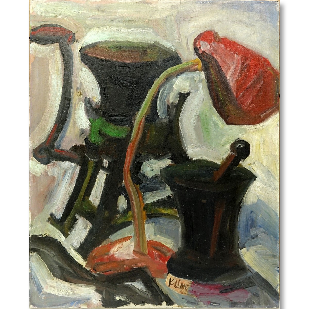 After: Franz Kline, American (1910 - 1962) Oil on Canvas, Still Life, Signed and Dated 1952 Lower Center. Craquelure.