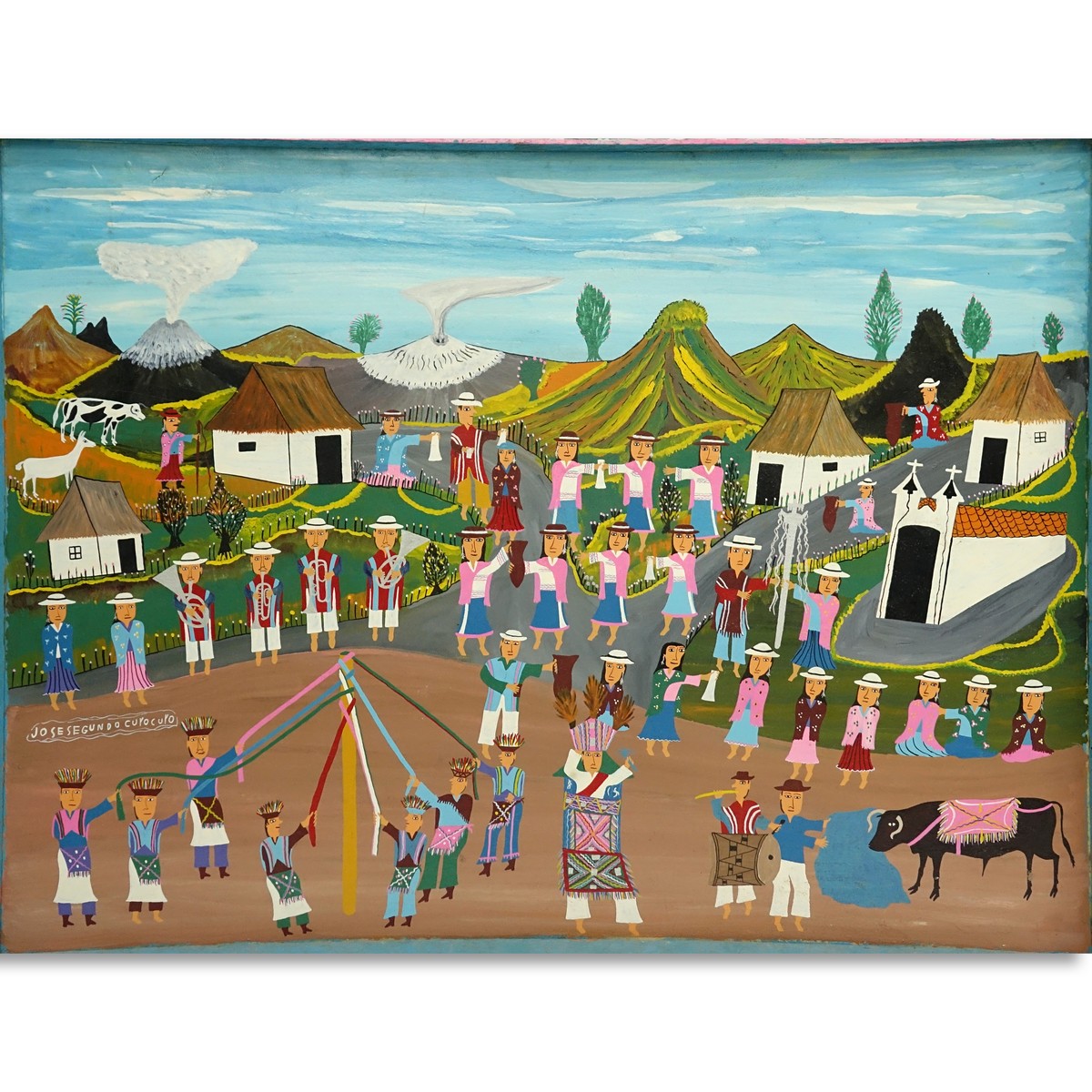 Jose Segundo, Ecuadorian (20th C) Acrylic on Skin, Village Scene, Signed Lower Left. Small tear top left corner or else good condition.