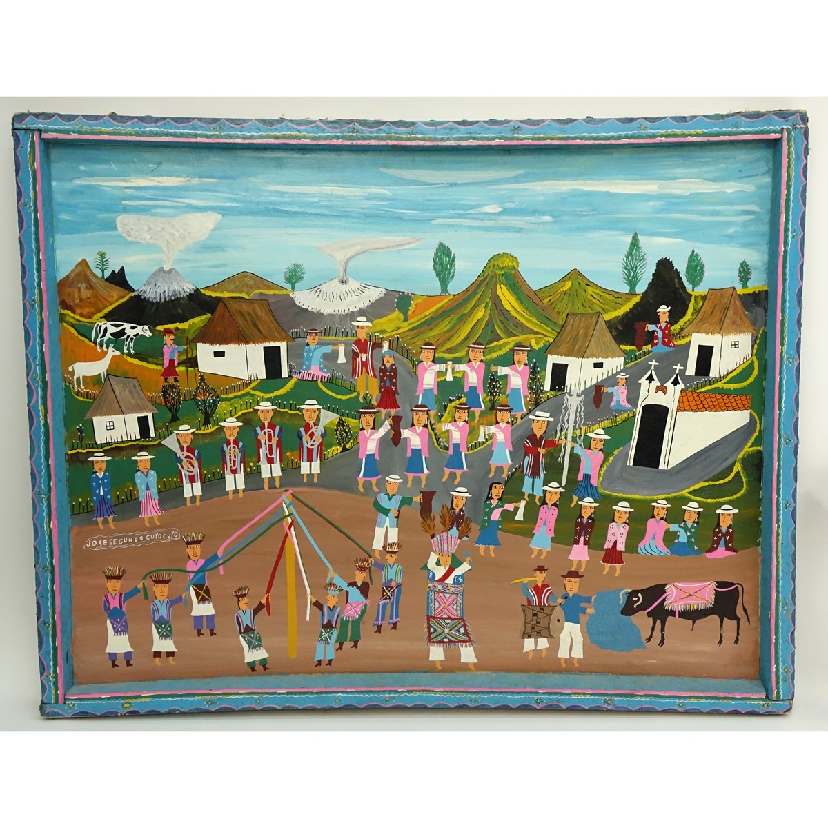 Jose Segundo, Ecuadorian (20th C) Acrylic on Skin, Village Scene, Signed Lower Left. Small tear top left corner or else good condition.