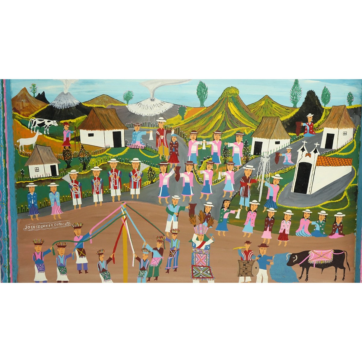 Jose Segundo, Ecuadorian (20th C) Acrylic on Skin, Village Scene, Signed Lower Left. Small tear top left corner or else good condition.