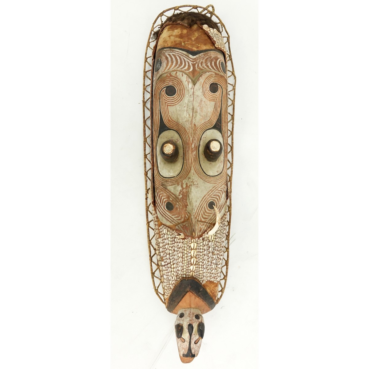 Large Wood Carved Polychrome Tribal Mask with Shell and Plaited Fibers. Possibly from the Sepik River, Papua New Guinea area.