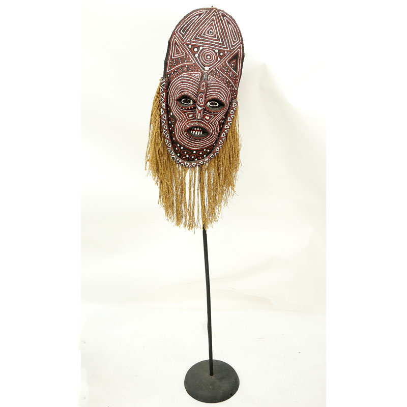 20th C. African Zambian Burlap Ceremonial Mask on Large Metal Stand.