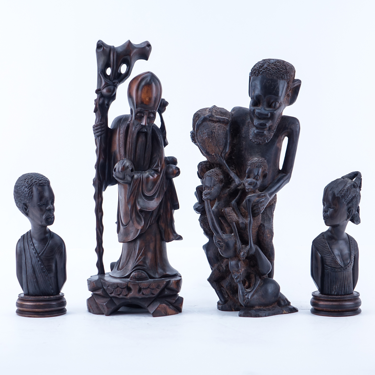 Collection of Four (4) Vintage Carved Figures. Includes 3 African Figures and a Chinese Wiseman Figure.