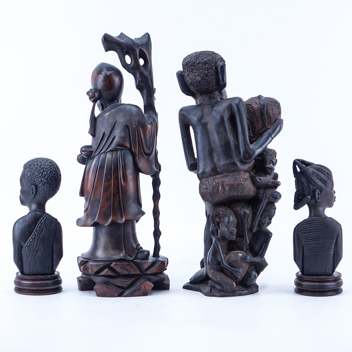 Collection of Four (4) Vintage Carved Figures. Includes 3 African Figures and a Chinese Wiseman Figure.