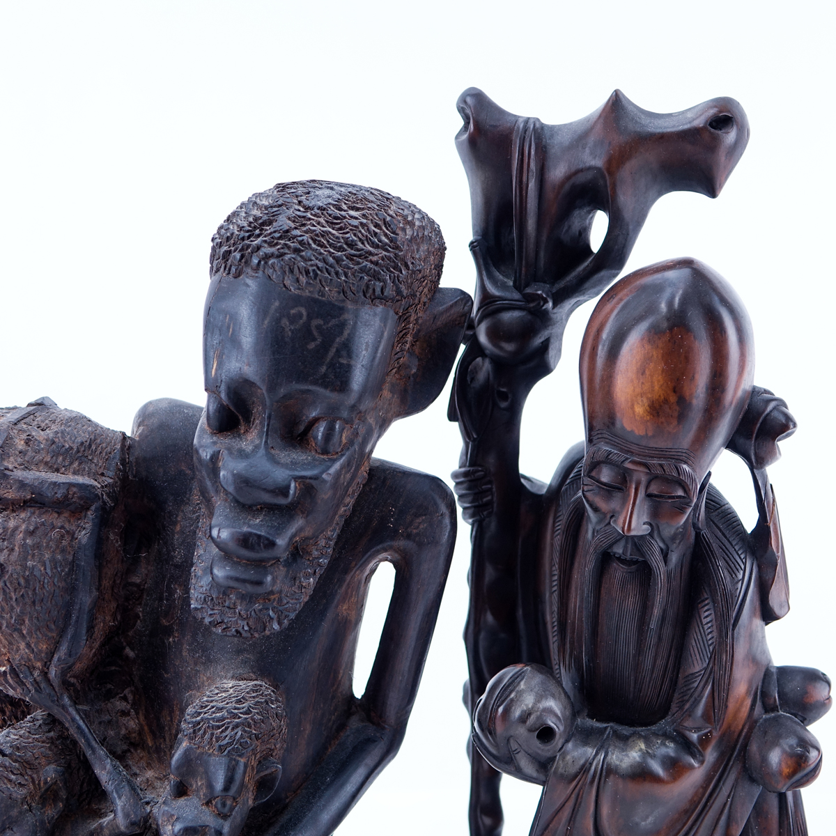 Collection of Four (4) Vintage Carved Figures. Includes 3 African Figures and a Chinese Wiseman Figure.